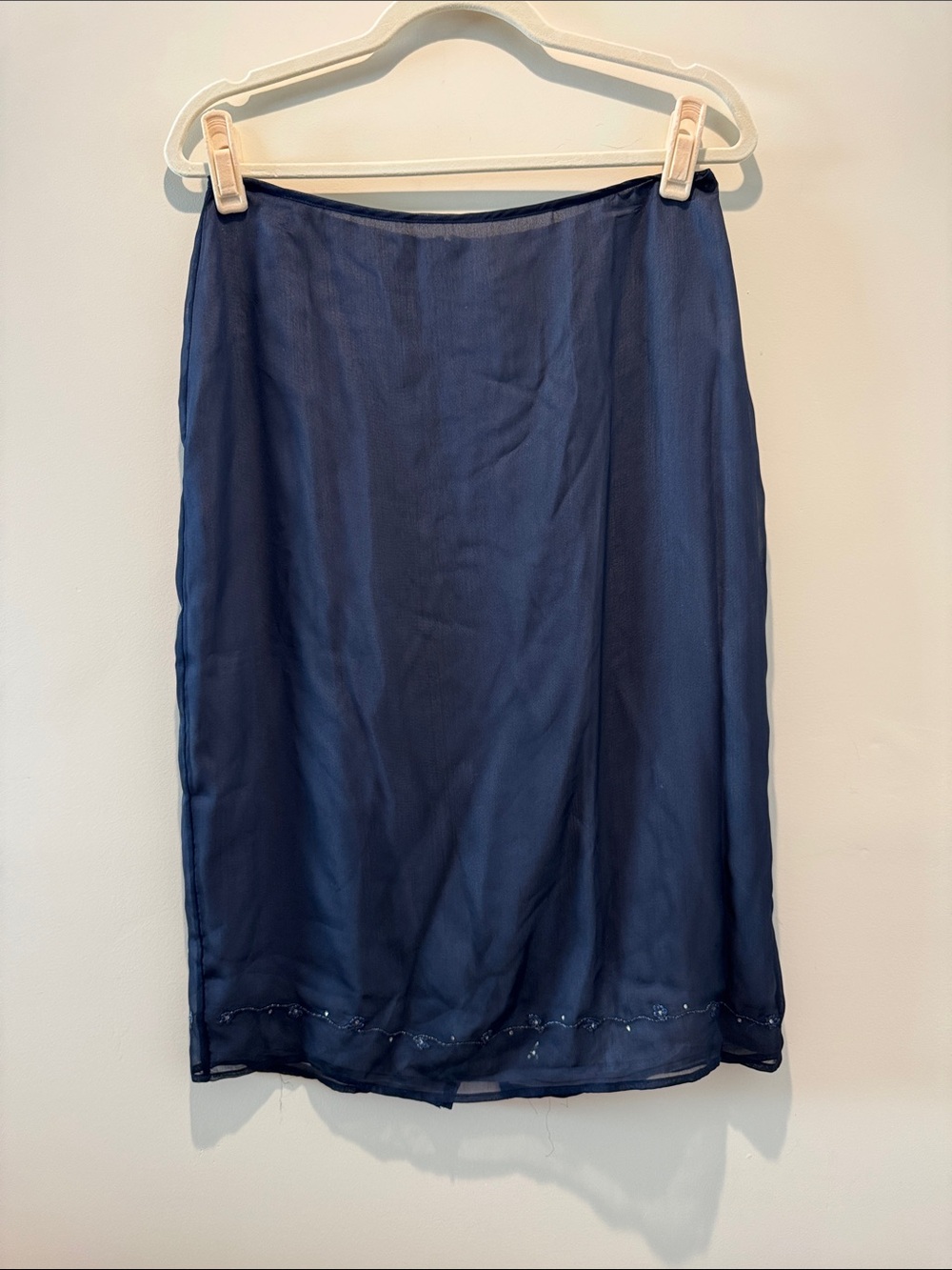 Vintage 1995 Laundry By Shelli Segal Navy Midi Beaded Chiffon Slip Skirt